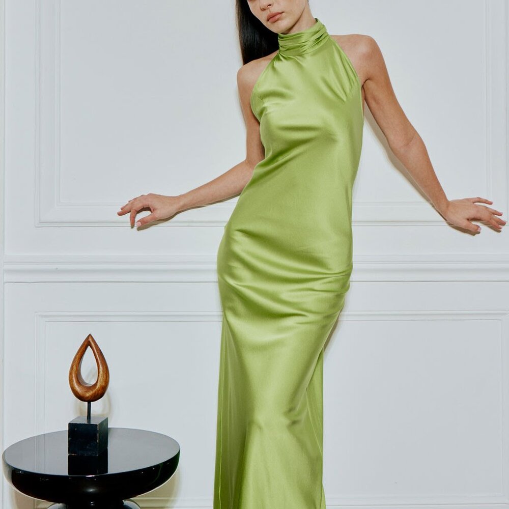 Silk Maison, Lime Halter Cocktail Silk Maxi Dress, Small